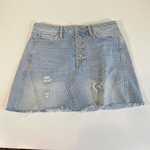 Free People A-Line Mini Skirt Size 25 Blue Distressed Denim‎ Button Fly Raw Hem